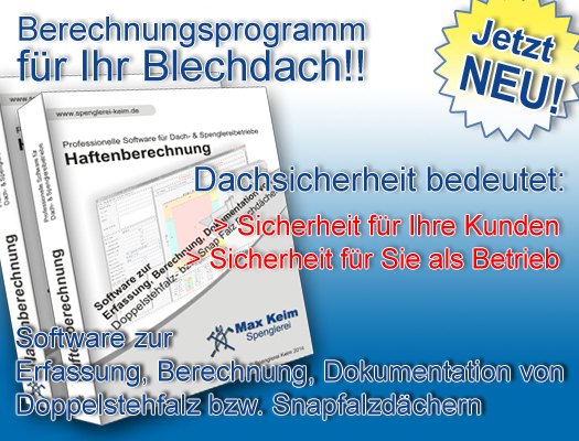Software für Haftenberechnung, Erfassung, Berechnung, Dokumentation, für Snapfalzdach, für Doppelstehfalzdach